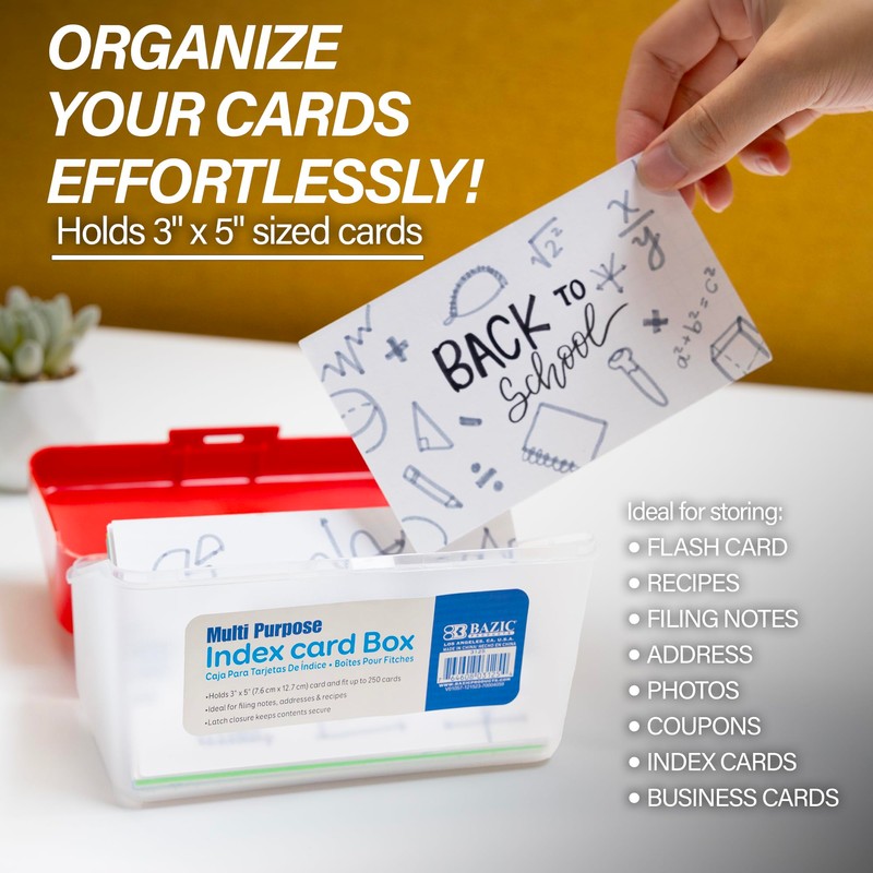 BAZIC PRODUCTS Index Card Box 3"x5", Plastic Storage Case Holds