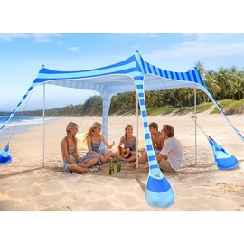 2PM SPORTS Beach Tent Canopy with UPF50+ UV Protection, Outdoor Large Beach Sun Shade Shelter for Family Picnic Camping Travel Shore Fishing, 8 Sandbags, Sand Shovel (Striped Blue, 10x10 FT)