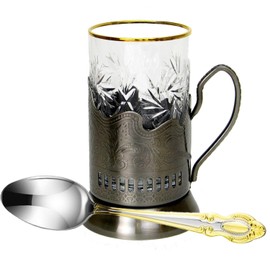 9-pc Russian Tea Set, 24 Karat Gold Banded Tempered Crystal Glasses with Metal Glass Holders with Handles and Matching Teaspoons Vintage Design (3 glass/spoon/holder)