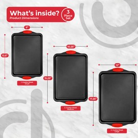 PERLLI Non-Stick 3-Piece Baking Pan Set, BPA-Free Carbon Steel Bakeware Set with Silicone Handles, Stackable Kitchen Oven Set, Cookie Sheet, Baking Tray, Baking Sheet Set, Oven Safe (446°F)