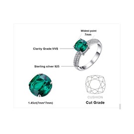 JewelryPalace Cushion Cut 1.8ct Simulated Emerald Solitaire Rings for Her, 925 Sterling Silver Promise Ring for Women, Green Gemstone Jewellery Sets Rings N