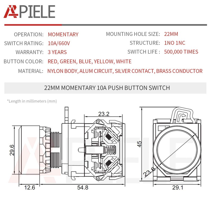 APIELE 22MM Momentary Push Button Switch 1NO 1NC Metal Head
