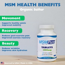 KALA HEALTH MSMPure MSM Tablets – 1,000 mg US-Made MSM per Tablet for Joint Health, Skin Appearance, Hair & Nail Support – Coated for Easy Swallowing, Tasteless – 120 Count