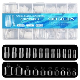 FFWTPY Pack of 600 Artificial Nails Fake Nails Tips, 500 Pieces Artificial Toenails, Full Cover Nail Tips Set, Artificial Nails for Sticking, Nail Art, DIY (Transparent Colour-A)