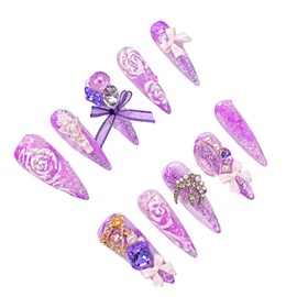 Press on Nails Handmade Nails 10Pcs Manual Press on Nails Purple Rose Nails Manicure Charms Nails Nails Press on Nails for Women Party Holiday Photo Wedding 30mm Long Size S