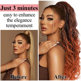 Fashion Icon Curly Wavy Ponytail Extension Clip In Wave Real Hair Ombre Copper Red Ponytail Drawstring Clip On Extensions Hair Body Weave Fake Pony tails Synthetic Hairpiece for Women 26 Inch