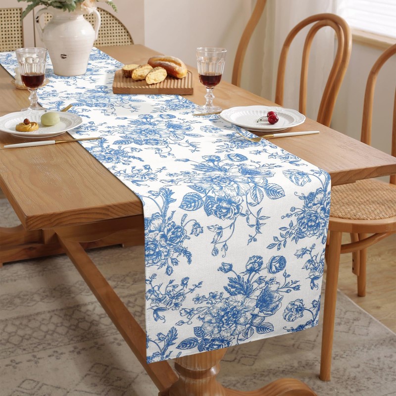 Dremisland Blue Table Runner Farmhouse 55 Inch Retro Monochrome Sketch