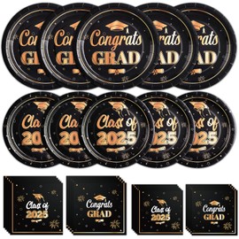 Cheery Land Graduation Plates and Napkins 2025 Black and Gold Graduation Paper Plates Tableware Sets, Congrats Grad Cocktail Napkins for 2025 Graduation Party Decorations, Serve 50