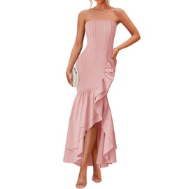ZESICA Women's 2025 Summer Strapless Bodycon Maxi Dress Ribbed Sexy High Split Mermaid Prom Party Dresses,Pink,Medium