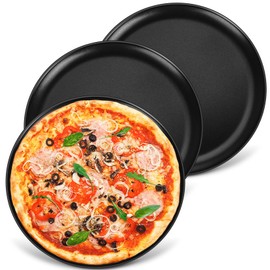 3-Piece Pizza Pans (10 Inch), P&P CHEF Pizza Pan Tray Set, Round Baking and Serving Sheet, Stainless Steel Core & Nonstick Coated, Easy Clean & Oven Safe, Black