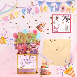 DUEDUE Birthday Pop Up Card, 3D Happy Birthday Card, Funny Paper Pop Up Birthday Cards with Blank Card and Envelope, Happy Birthday Pop Up Card for Adults Kids Men Women,Pink/Gold