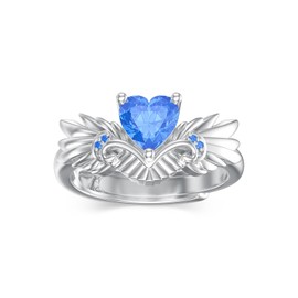 EUSJ Angel Wing for Women 925 Sterling Silver Mommy of An Angel Memorial Rings Blue Heart Ring Adjustable Size 7