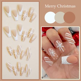 Christmas Press On French Tip Fake Nails - Snowflake & Xmas Bow Designs, Medium, Acrylic, Coffin Shapes, Winter Snowflakes, DIY Xmas Nail Art Kit