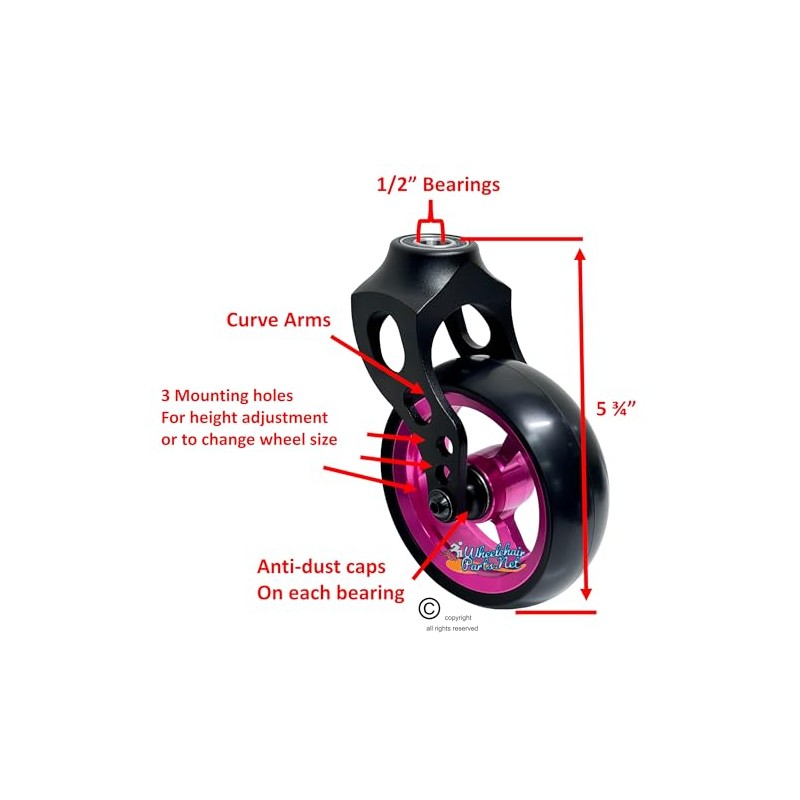 Wheelchair Front Caster Fork with 4x1.40 Easy Roll Wheel (Pink