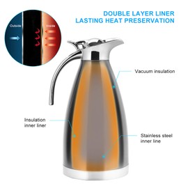 Fdit 1.5L/2L Coffee Tea Pot Stainless Steel Double Wall Vacuum Insulated Pot Jug Hot Water Bottle(Silver 2L)