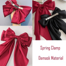 Bow Hair Clips, Black and Red Ribbon for Hair, 3Pcs Large Silky Satin Ribbon Bow Hairpins, Bows Hair Barrettes Fastener Solid Color French Barrette Simple Hair Fastener Accessories for Women Girls