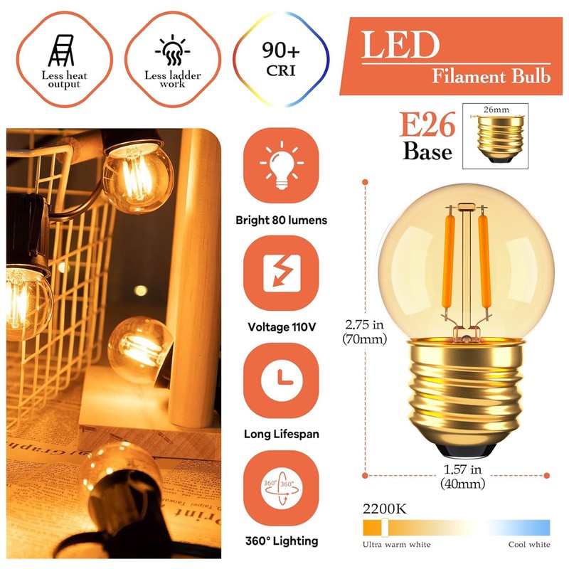 G40 Low Watt Light Bulb Edison LED Bulb Mini Globe