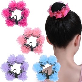4 PACK Colored Bun Hair Nets with Flowers Deco, Ballet Hair Bun Cover for Girls Ballet, Invisible Ballet Hair Net s for Bun, Dance Elastic Hairnets Hair Accessories for Women Girls