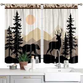 Forest Sunset Kitchen Curtains 2 Panels Country Rustic Farmhouse Short Cafe Curtains Decor for Dining Room Tier Curtains Over Sink Retro Tree Bear Deer Rod Pocket Window Drapes Treatment 28x39 Inch