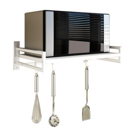 ABCOOL Wall Mount Microwave Oven Shelf Rack, White Carbon Steel Counter Countertop Holder with Hook Rail and 3 Slidable Hooks for Kitchen Home