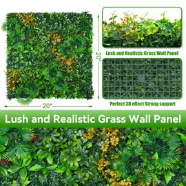 Grass Wall Panels, 20"x20" 12pcs Artificial Grass Backdrop Wall with Tropical Leaves, UV-Anti Faux Greenery Plant Boxwood Panels for Privacy Fence Screen, Green Wall Decor for Outdoor Indoor