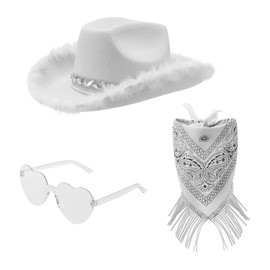 Western Cowgirl Cowboy Hat 3-Piece Set Feather-Trim Sequin Tassel Bandana Heart Sunglasses Rave Party Costume Hat (White, 3Pcs Set)