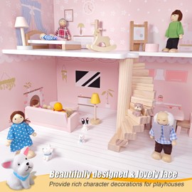 DUOCIYUAN Dollhouse Dolls, 12 Pieces Dollhouse Figures with Cat and Dog Dolls Family Set Wooden Doll Toy for Children Doll Families Bending Dolls for Dollhouse Accessories Gift