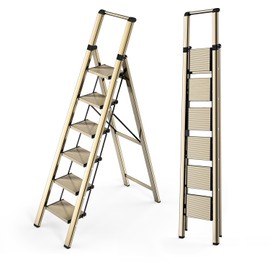 WOA WOA 6 Step Ladder, Lightweight Folding Ladder with Non-Slip Wide Pedals, Ladder with Safe Grip Handle, Easy to Open and Close, Suitable for Home and Outdoor - Brown Gold
