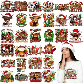 Yuntau 30 Pcs Christmas Iron on Transfer Christmas Ready to Press Vinyl Decals for Jeans Western DTF Heat Transfer Vinyl Stickers DIY Iron on Appliques for Clothing T Shirt(Cheerful Xmas)