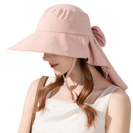 Chasenew Sun Hats for Women Foldable Wide Birm Boonie Hat Fashion UV Protection Soft Pink Fishing Hiking Hat with Bowknot Neck Flap