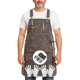 Heavy-Duty Waxed Canvas Work Apron, Cross-Back, 9 Tool Pockets, Adjustable Shop Bib for Woodworking, BBQ, Barber, Blacksmith