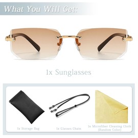 MEGAVOW Frameless Rectangle Sunglasses, Glasses Strap, Vintage Retro Glasses for Men and Women, Diamond Cut Lenses, Gafas de Sol with Tinted, Classic, Square, brown