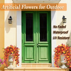 Lotus Hills Artificial Hanging Flowers for Outdoors, 4 pcs Faux Mums for Outdoor Planters, UV Resistant Morning Glory Fake Mums for Yard Patio Lawn Garden, Real Touch Silk Flowers Fall Porch Decor