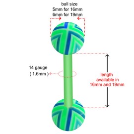 Monster Piercing Tongue piercings, pack of 10, tongue piercings made of flexible bioplast, with UV acrylic balls, glitter balls, bar thickness: 14 g (1.6 mm), bar length: 16 mm or 19 mm, hypoallergenic, Acrylic Sterling Silver