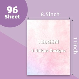 96 Sheets Watercolored Stationery Paper, 8.5 x 11 inch Letter Size Writing Paper, Double Sided, 8 Unique Designs, Colored Printer Paper for Letters, Scrapbook, and Crafts