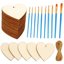 Wooden Hearts for Labelling, Pack of 50 Wooden Tags with Jute String for Labelling, 5.3 cm x 5.6 cm, Decorative Wooden Heart for Party, Wedding, Anniversary, Christmas and Birthday, Wooden Decoration