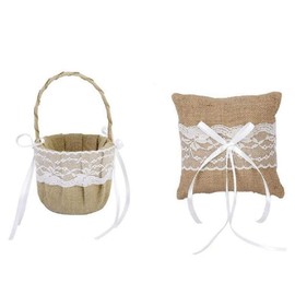 4Pcs/Set Burlap Wedding Guest Book + Pen Set +Flower Girl Basket + Ring Pillow (Burlap)