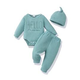 Renotemy Newborn Baby Boy Clothes 0-3 Months Baby Boy Outfit I'm New Here Coming Home Newborn Essentials Outfits Infant Gifts Long Sleeve Clothing Bean Green Romper Pants Set with Hat