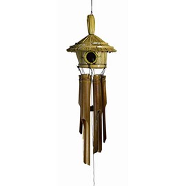 WorldBazzar Hand Carved Bird House Canary red Birds Bamboo Wood Tropical Windchime