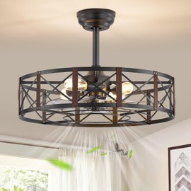 Fanbulous 23 Inch Fandelier Caged Ceiling Fans with Lights and Remote, Black Bladeless Ceiling Fan with 6 Speeds and Timing, Farmhouse Samll Fan Lights Ceiling Fixtures For Kitchen, Bedroom-Walnut