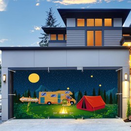 XMJJKUF Camping Garage Door Decoration 16x7ft Summer Camper Night Background Banner Campfire Tent Cover Hiking Outdoor Props