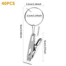 VirtuGro Curtain Rings with Clips, 40 Pack Stainless Steel Drapery Ring Set 1.25 Inch Interior Diameter Openable Hanger Ring Hook Clip Metal Spring Hooks Clothes Pegs for Window Curtain Rod Decoration
