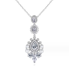 Cuafufu Teardrop Shaped Rhinestone Pearl Earrings Necklace Jewelry Sets | Dainty Cubic Zirconia Freshwater Cultured White Pearl Dangle Earrings | White Gold Plated Clear AAAAA Australia Crystal