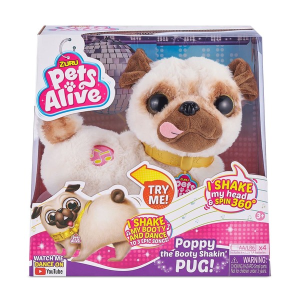 Pets Alive Pets Alive ZURU Pets Alive 9521 - Poppy The Booty Shakin Pug, Carlin en Peluche, secoue la tête et Les Fesses et Tourne, Joue 3 Belles chansons.