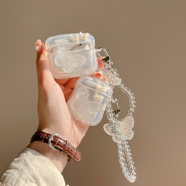 Fycyko Compatible with AirPods Case with Girls Cute Clear Glitter Butterfly Flowers Design Soft TPU Cover Case+Butterfly Crystal Chain for Airpods 2 &1-Butterfly