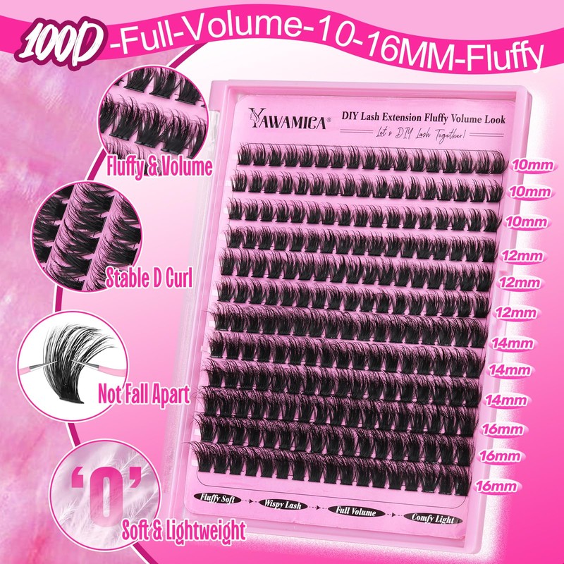 Yawamica Cluster Eyelash Extensions Fluffier 10-16mm Wispy Lash Clusters 100D