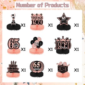 65th Birthday Decorations Honeycomb Women - 9 Pcs Vintage 65th Birthday Centerpieces Table Decoration For Women Rose Gold 65 Years Old Birthday Party Happy 65th 1960 Aniversary Wedding Decor