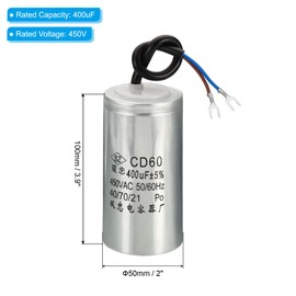 PATIKIL CD60 Run Capacitor, 2 Pack 400uF 450VAC 2 Wires 5% Tolerance 50/60Hz Motor Starting Capacitor for Air Compressor Motor Starts Running