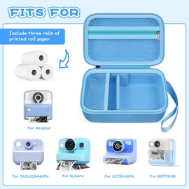Kids Instant Print Camera Case for Dylanto/for Gofunly/for DUDUDRAGON/for ESOXOFFORE, Digital Video Camera Storage Box with 3 Roll Papers, Hold for Color Pen and Accessories (Bag Only)- Blue