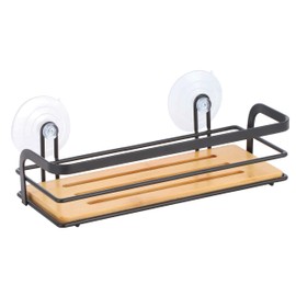 MSV Shower Shelf Shower Basket Bathroom No Drilling with Suction Cups Steel Bamboo 12 x 9 x 25.5 cm Matt Black